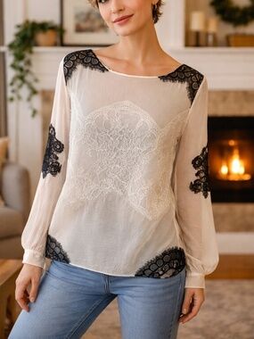 Elegant Boho Lace Tunic Top – Sheer Cream with Black Lace Accents Size M